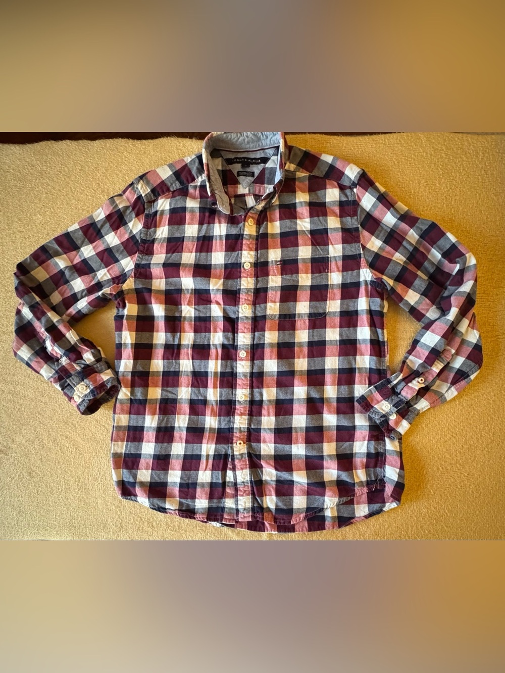 Tommy Hilfiger Red, Navy & White Plaid Long-Sleeve Button-Down Shirt